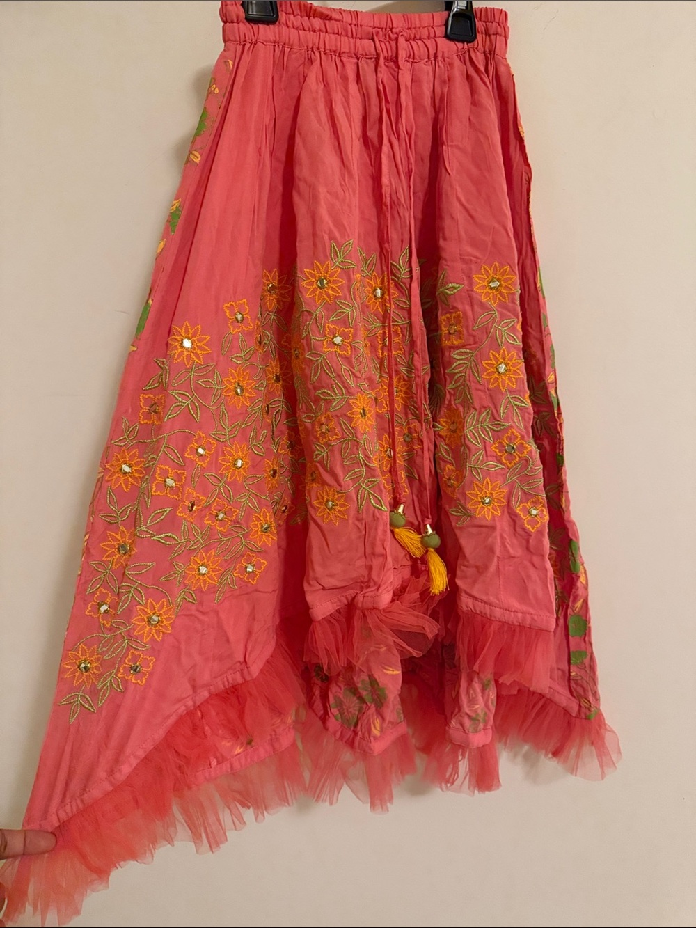 Pink Tiered Floral Embroidered Maxi Skirt